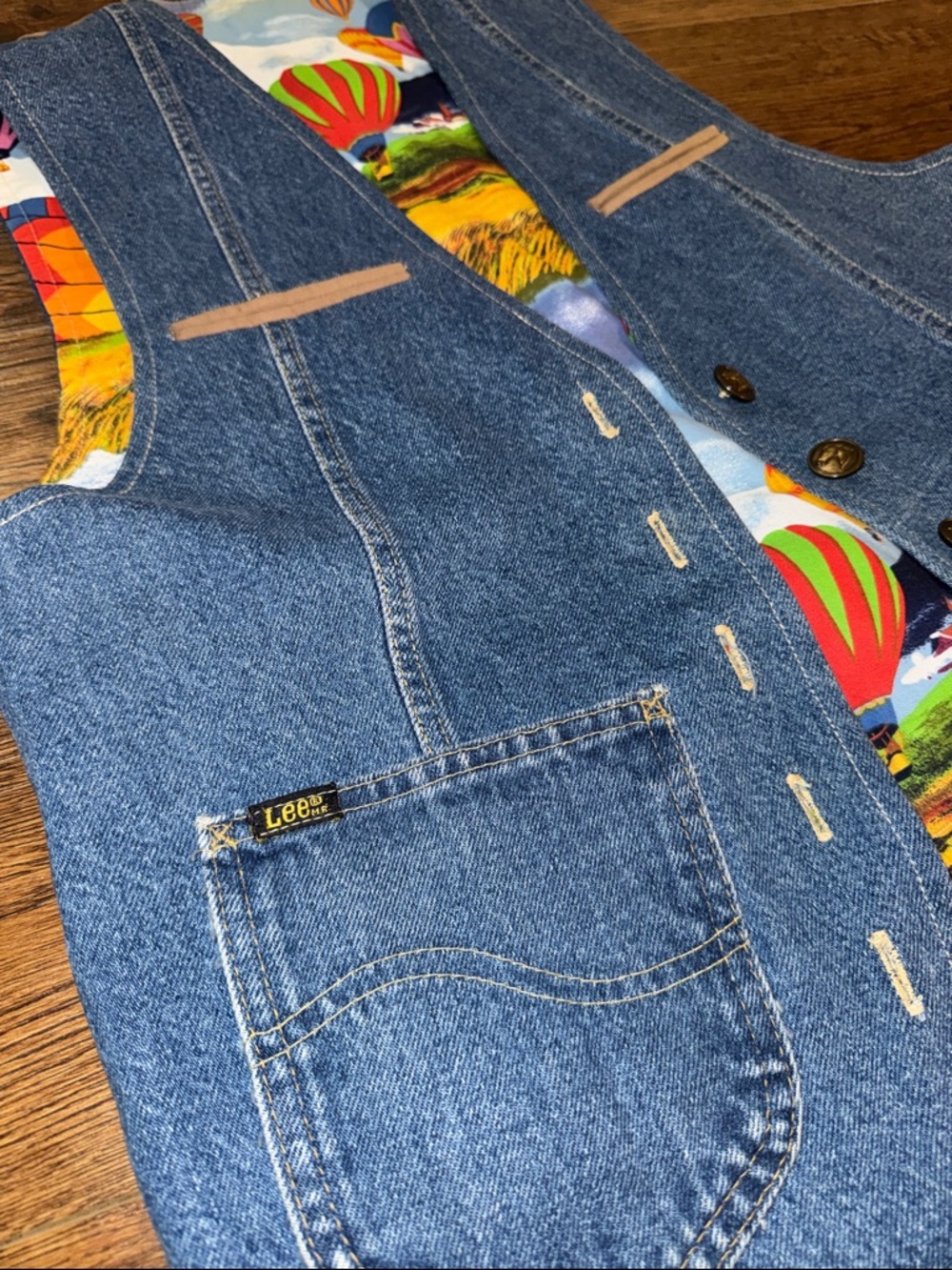 70s Lee Denim Upcycled Western Vest with Hot Air Balloon Lining - One of a Kind - Picture 5 of 5